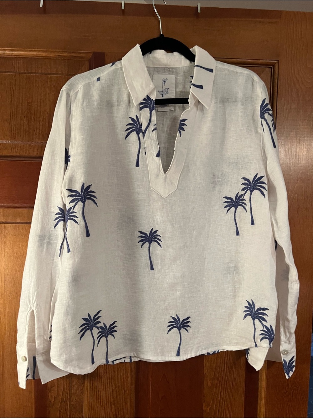 Calypso St. Barth White Linen Shirt with Navy Palm Print